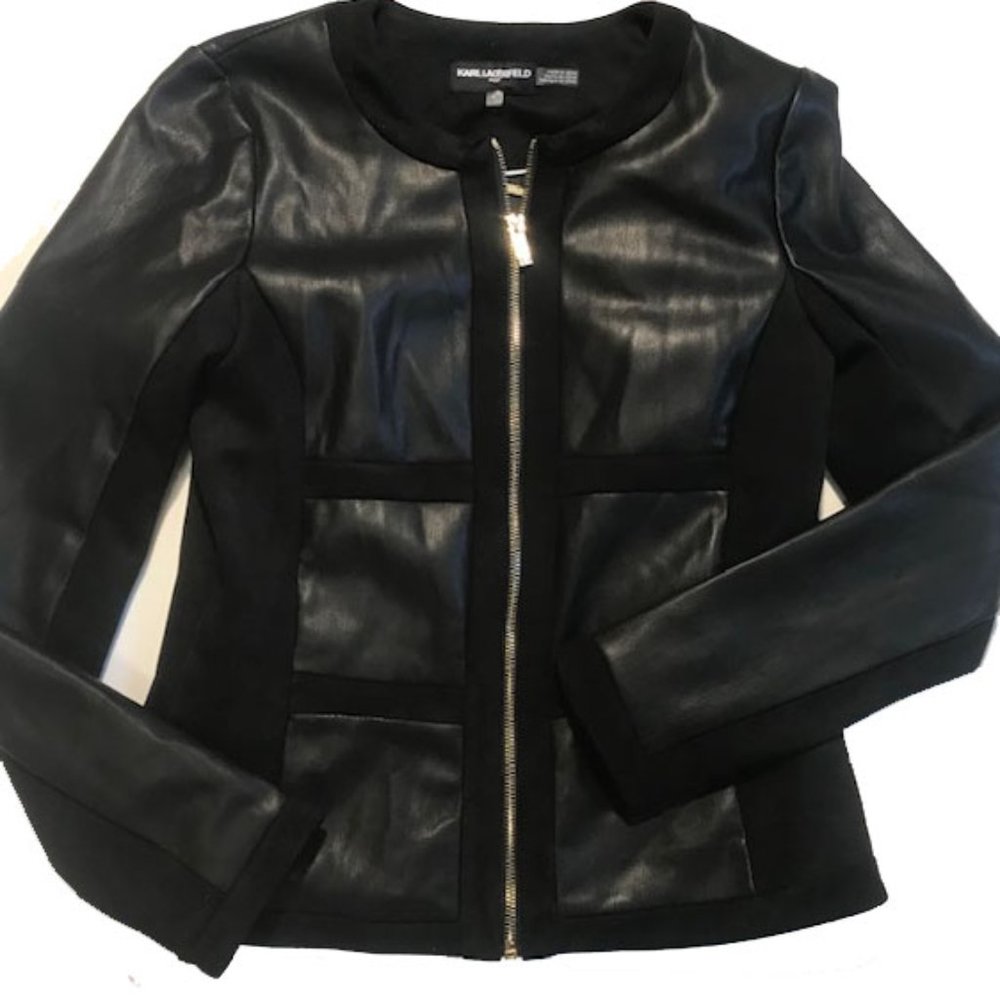 Karl Lagerfeld Faux Leather Panel Jacket Gold Zipper Size 4